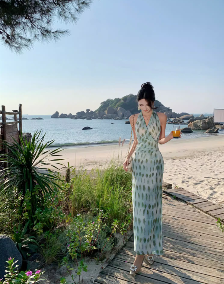 Elegant Getaways Slim-Fit Maxi Dress Flowy Backless Gathered Slit Halter Long Dress AP1103