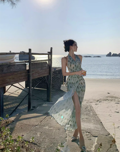 Elegant Getaways Slim-Fit Maxi Dress Flowy Backless Gathered Slit Halter Long Dress AP1103