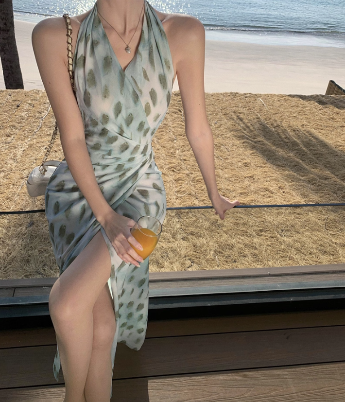 Elegant Getaways Slim-Fit Maxi Dress Flowy Backless Gathered Slit Halter Long Dress AP1103