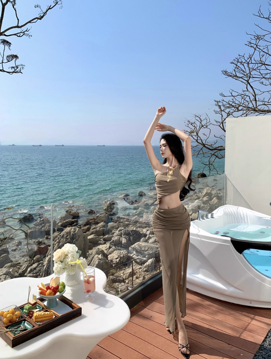 Sexy Taupe Two-Piece Set One Shoulder Long Dress Chic Ruched Open-Waist High-Slit Long Dress AP1104