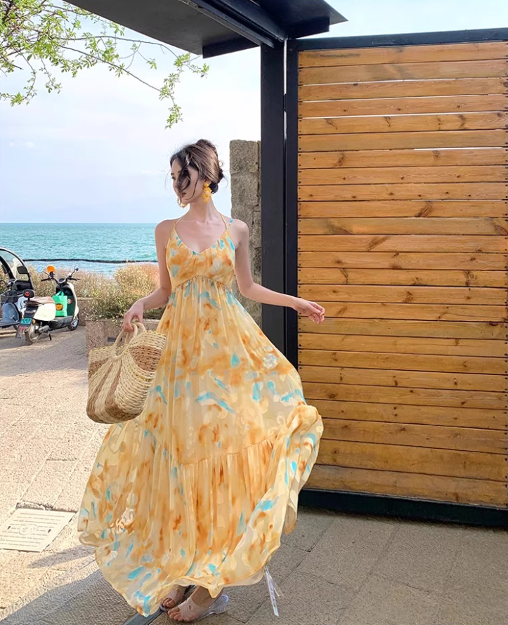 Vibrant Yellow & Blue Abstract Print Maxi Dress Beach Vacation Flowy Sequins Design Halter Dress AP1105