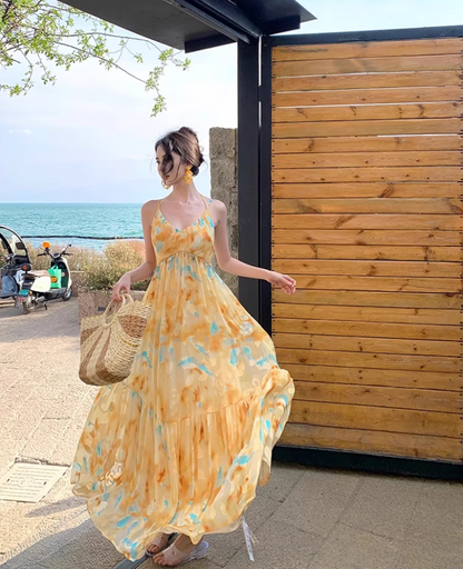 Vibrant Yellow & Blue Abstract Print Maxi Dress Beach Vacation Flowy Sequins Design Halter Dress AP1105