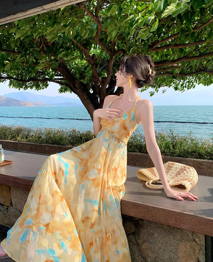 Vibrant Yellow & Blue Abstract Print Maxi Dress Beach Vacation Flowy Sequins Design Halter Dress AP1105