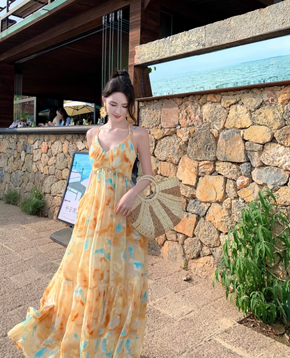 Vibrant Yellow & Blue Abstract Print Maxi Dress Beach Vacation Flowy Sequins Design Halter Dress AP1105