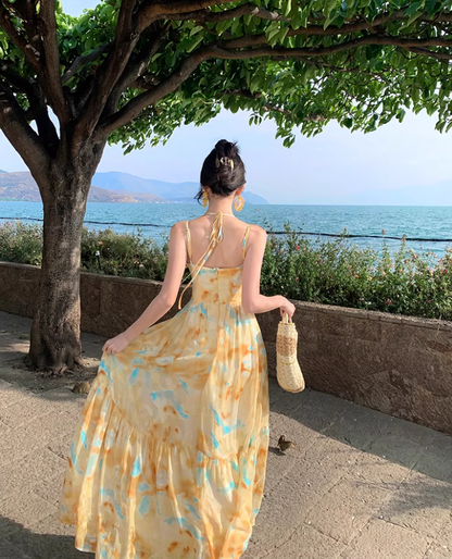 Vibrant Yellow & Blue Abstract Print Maxi Dress Beach Vacation Flowy Sequins Design Halter Dress AP1105