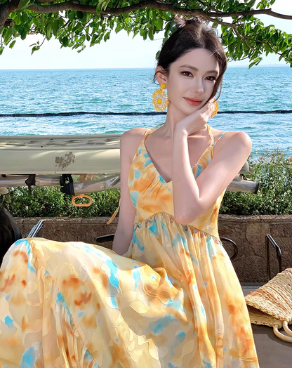 Vibrant Yellow & Blue Abstract Print Maxi Dress Beach Vacation Flowy Sequins Design Halter Dress AP1105