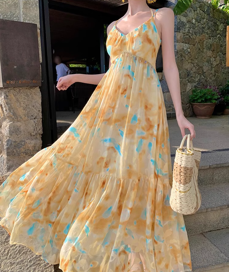 Vibrant Yellow & Blue Abstract Print Maxi Dress Beach Vacation Flowy Sequins Design Halter Dress AP1105