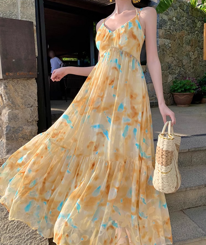 Vibrant Yellow & Blue Abstract Print Maxi Dress Beach Vacation Flowy Sequins Design Halter Dress AP1105