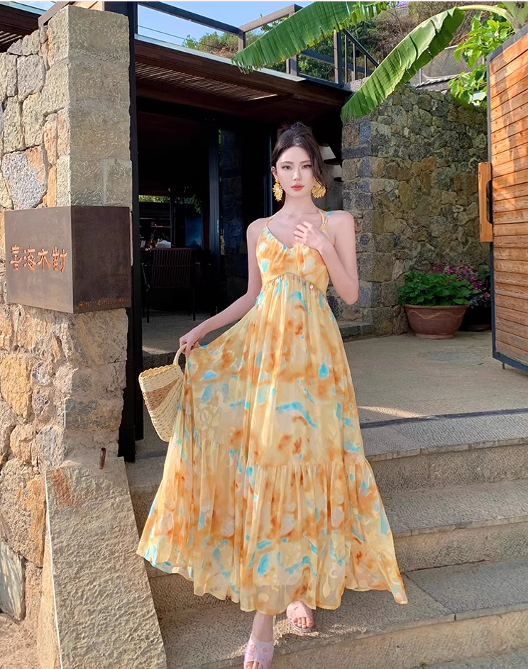 Vibrant Yellow & Blue Abstract Print Maxi Dress Beach Vacation Flowy Sequins Design Halter Dress AP1105