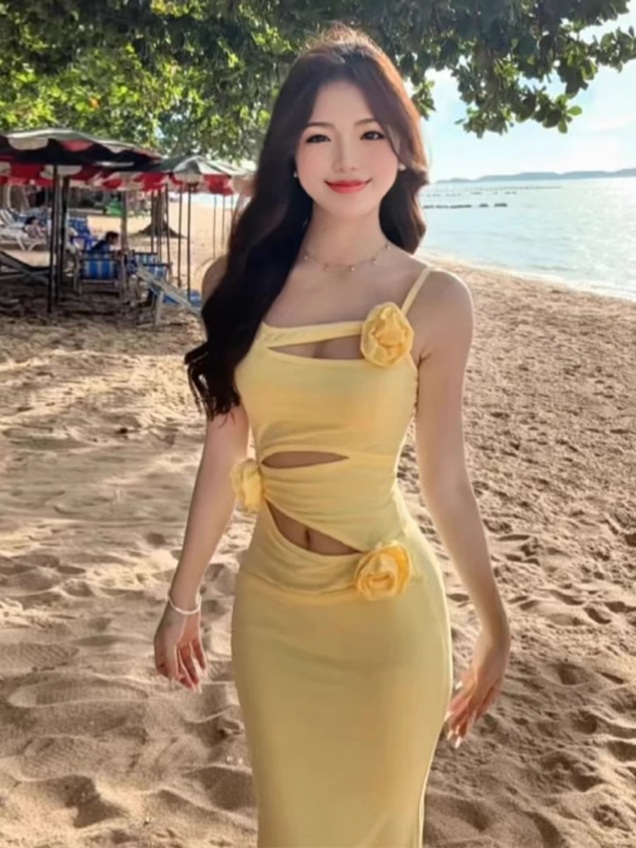 Hot Glril Beachwear Yellow Hollow-Out Mermaid Maxi Dress Y2K Floral Design Spaghetti Strap Long Dress AP1107