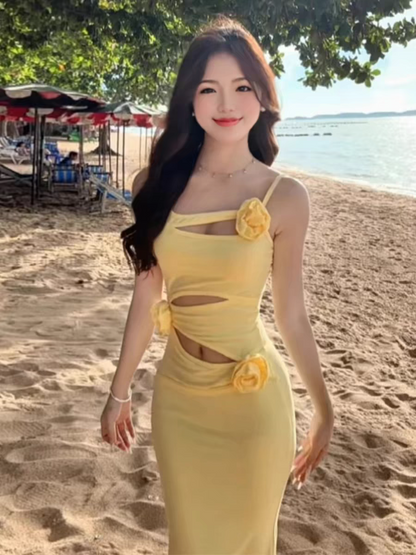 Hot Glril Beachwear Yellow Hollow-Out Mermaid Maxi Dress Y2K Floral Design Spaghetti Strap Long Dress AP1107
