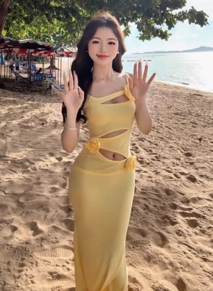 Hot Glril Beachwear Yellow Hollow-Out Mermaid Maxi Dress Y2K Floral Design Spaghetti Strap Long Dress AP1107
