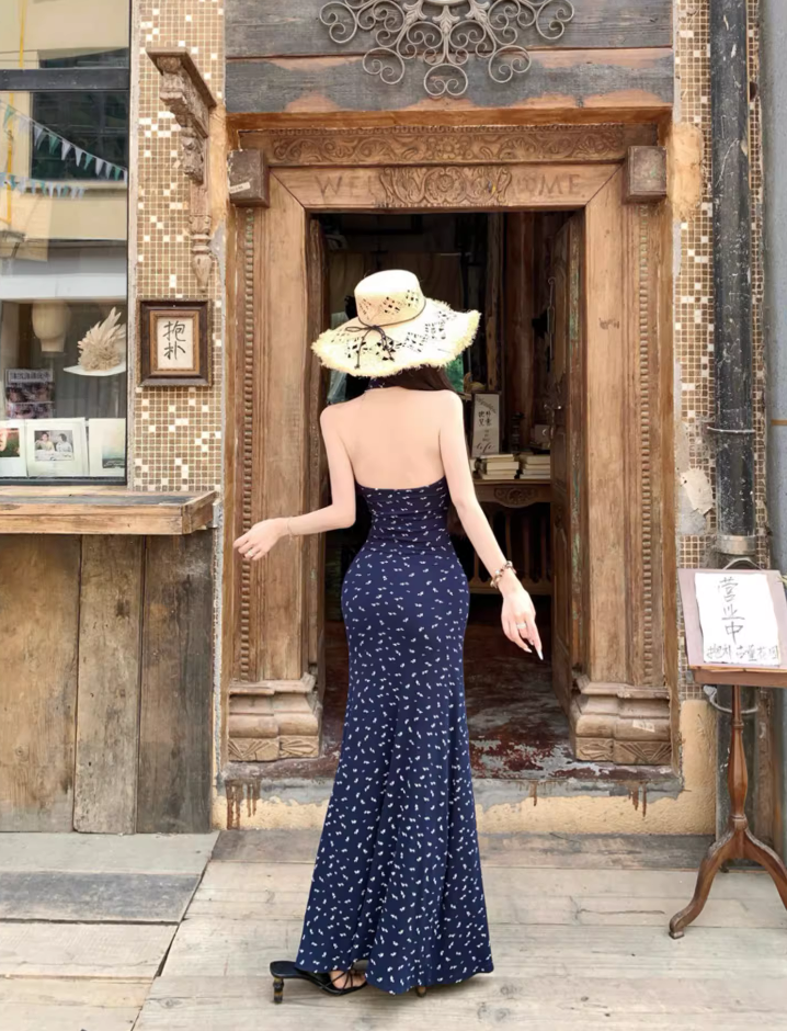 Current Trends Navy Blue Dots Design Mermaid Maxi Dress Fitted Bodice Hollow-Out Halter Dress AP1108