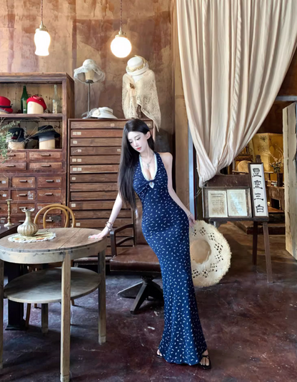 Current Trends Navy Blue Dots Design Mermaid Maxi Dress Fitted Bodice Hollow-Out Halter Dress AP1108