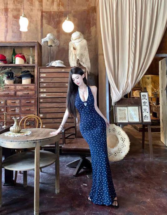 Current Trends Navy Blue Dots Design Mermaid Maxi Dress Fitted Bodice Hollow-Out Halter Dress AP1108