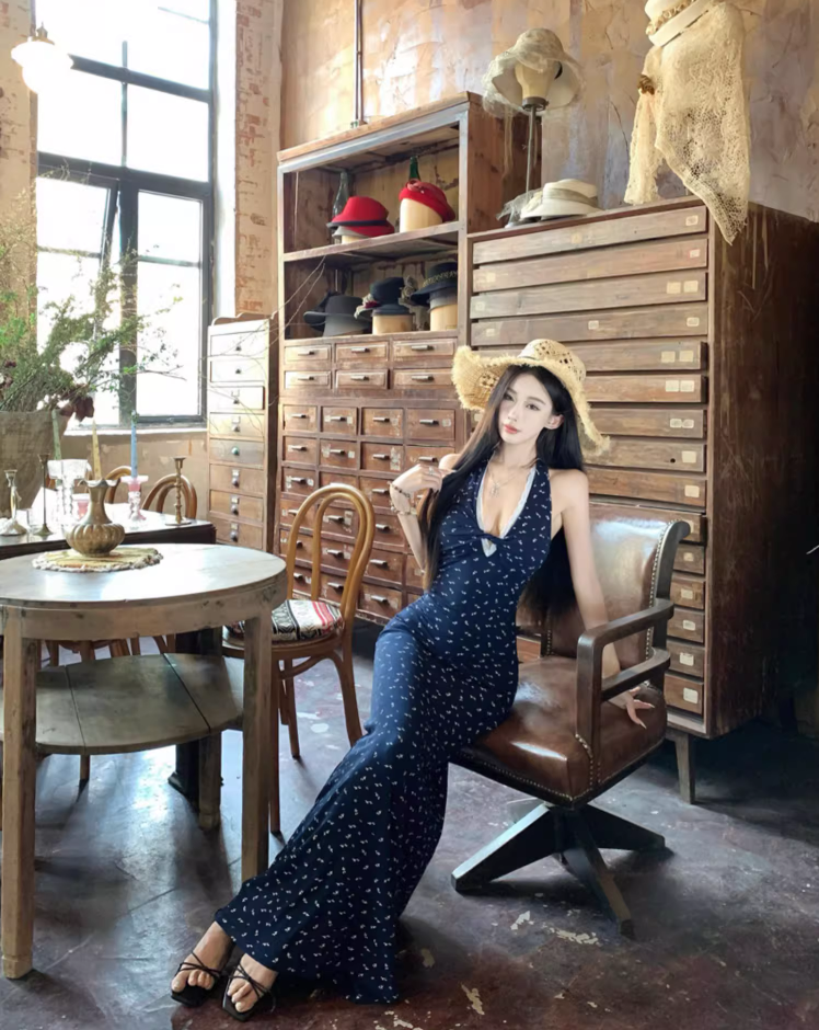 Current Trends Navy Blue Dots Design Mermaid Maxi Dress Fitted Bodice Hollow-Out Halter Dress AP1108