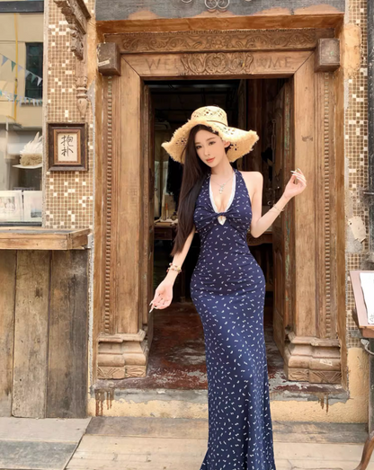 Current Trends Navy Blue Dots Design Mermaid Maxi Dress Fitted Bodice Hollow-Out Halter Dress AP1108