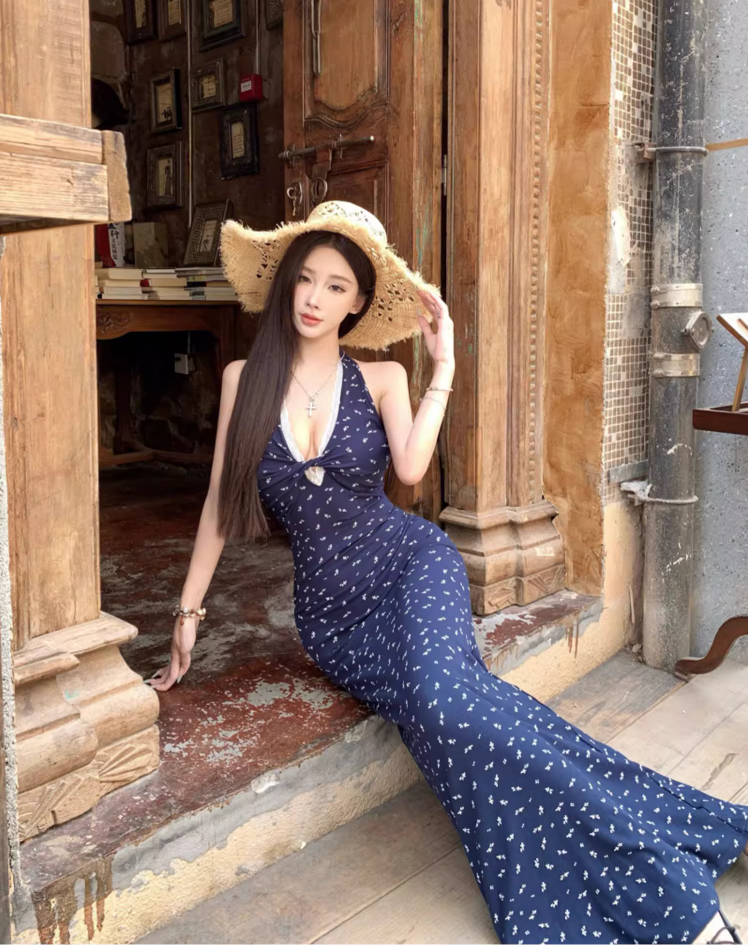 Current Trends Navy Blue Dots Design Mermaid Maxi Dress Fitted Bodice Hollow-Out Halter Dress AP1108