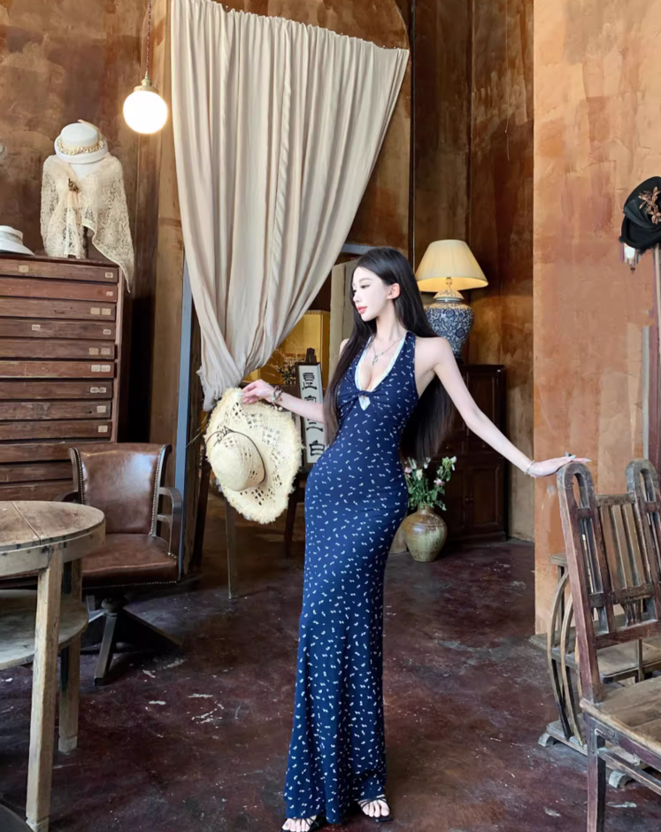 Current Trends Navy Blue Dots Design Mermaid Maxi Dress Fitted Bodice Hollow-Out Halter Dress AP1108