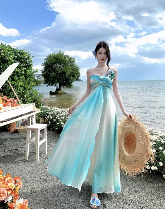 Dreamy Gradient Delicate Floral Maxi Dress Breezy Ombre Mint Green Spaghetti Strap Long Dress AP1109