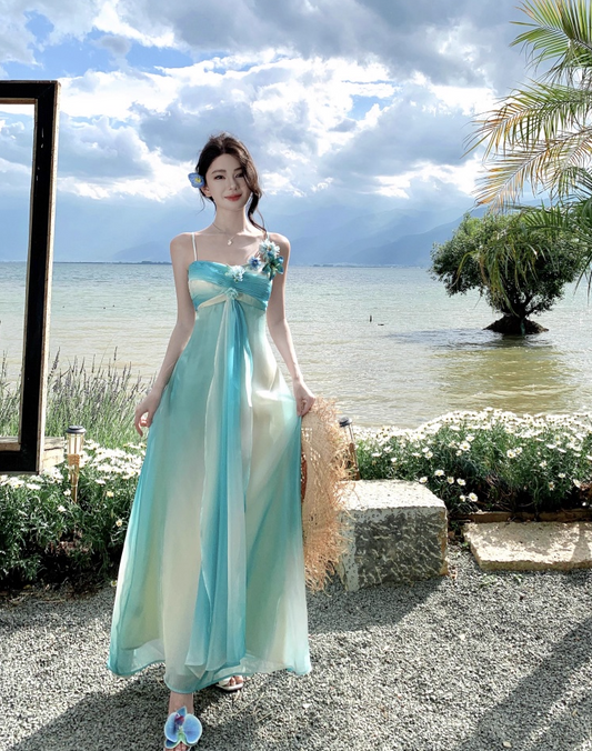 Dreamy Gradient Delicate Floral Maxi Dress Breezy Ombre Mint Green Spaghetti Strap Long Dress AP1109