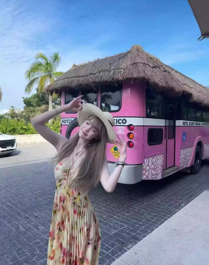 Vibrant Floral Printed Pleated Waist Cutout Detail Maxi Dress Fitted Bodice Flowy Halter Dress AP1110