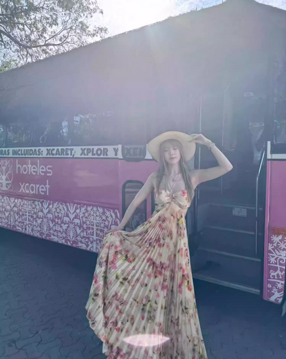 Vibrant Floral Printed Pleated Waist Cutout Detail Maxi Dress Fitted Bodice Flowy Halter Dress AP1110