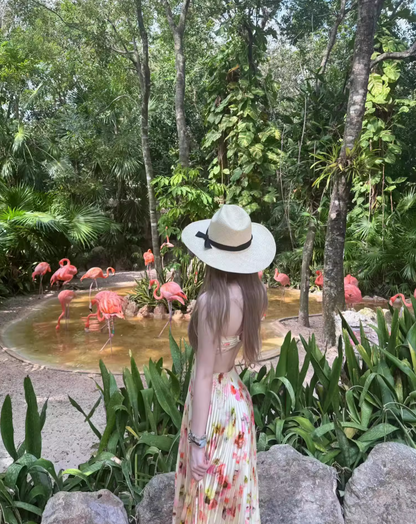 Vibrant Floral Printed Pleated Waist Cutout Detail Maxi Dress Fitted Bodice Flowy Halter Dress AP1110