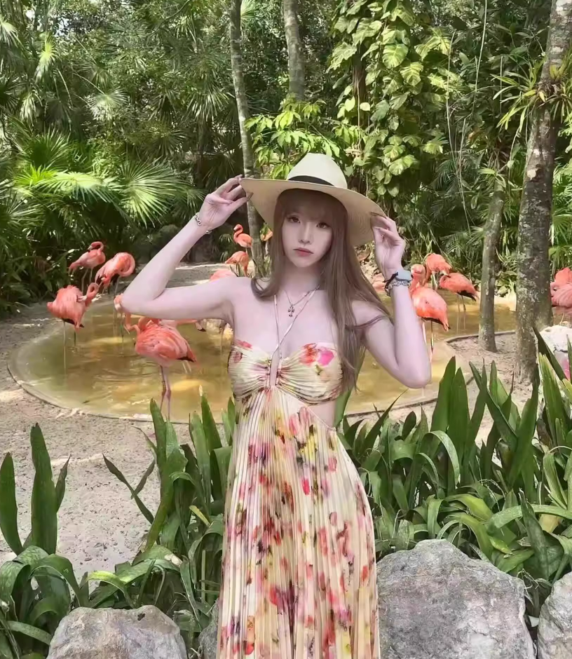 Vibrant Floral Printed Pleated Waist Cutout Detail Maxi Dress Fitted Bodice Flowy Halter Dress AP1110