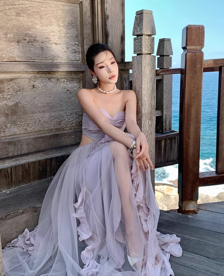 Ethereal Pale Lavender Strapless Long Dress Chic Ruched Open-Waist Tulle Overlay Long Dress AP1111