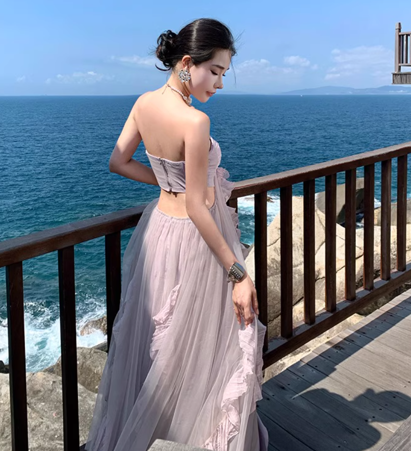 Ethereal Pale Lavender Strapless Long Dress Chic Ruched Open-Waist Tulle Overlay Long Dress AP1111