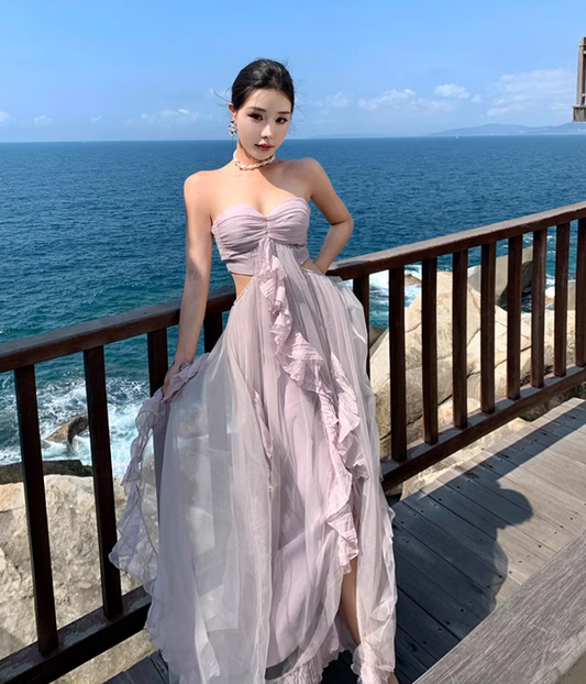 Ethereal Pale Lavender Strapless Long Dress Chic Ruched Open-Waist Tulle Overlay Long Dress AP1111