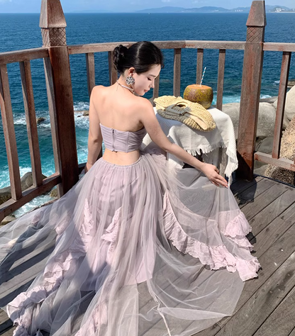 Ethereal Pale Lavender Strapless Long Dress Chic Ruched Open-Waist Tulle Overlay Long Dress AP1111