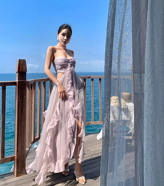 Ethereal Pale Lavender Strapless Long Dress Chic Ruched Open-Waist Tulle Overlay Long Dress AP1111