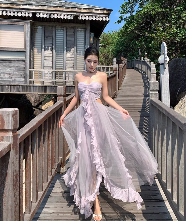 Ethereal Pale Lavender Strapless Long Dress Chic Ruched Open-Waist Tulle Overlay Long Dress AP1111