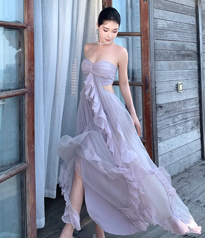 Ethereal Pale Lavender Strapless Long Dress Chic Ruched Open-Waist Tulle Overlay Long Dress AP1111