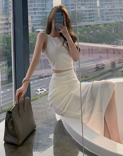 Graceful Everyday Wear White Sheath Long Dress Two-Piece Set Open-Waist Cutout Top Long Dress AP1112
