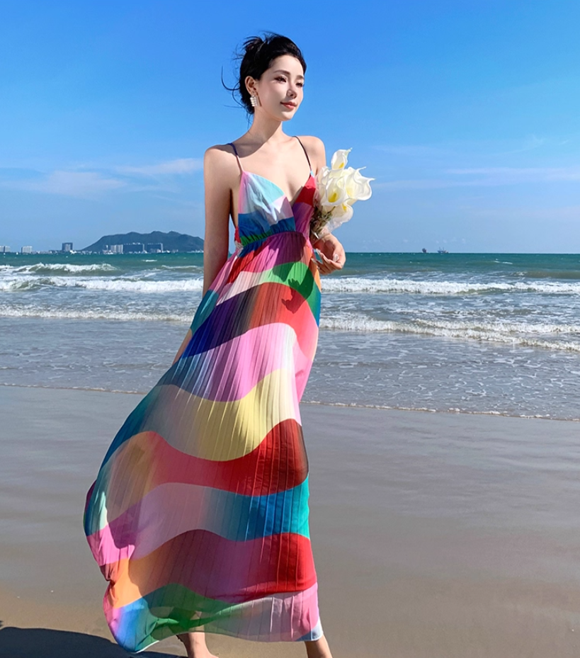 Colorful Wave Print V-Neck Flowy Maxi Dress Open-Back Spaghetti Strap Long Dress AP1113