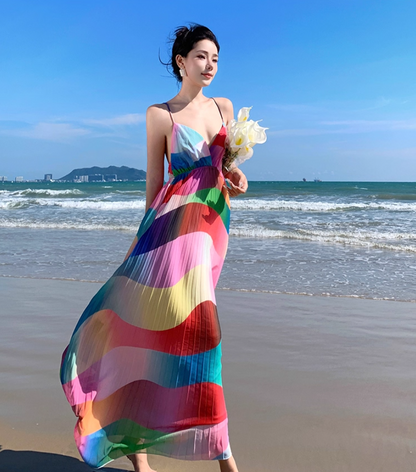 Colorful Wave Print V-Neck Flowy Maxi Dress Open-Back Spaghetti Strap Long Dress AP1113