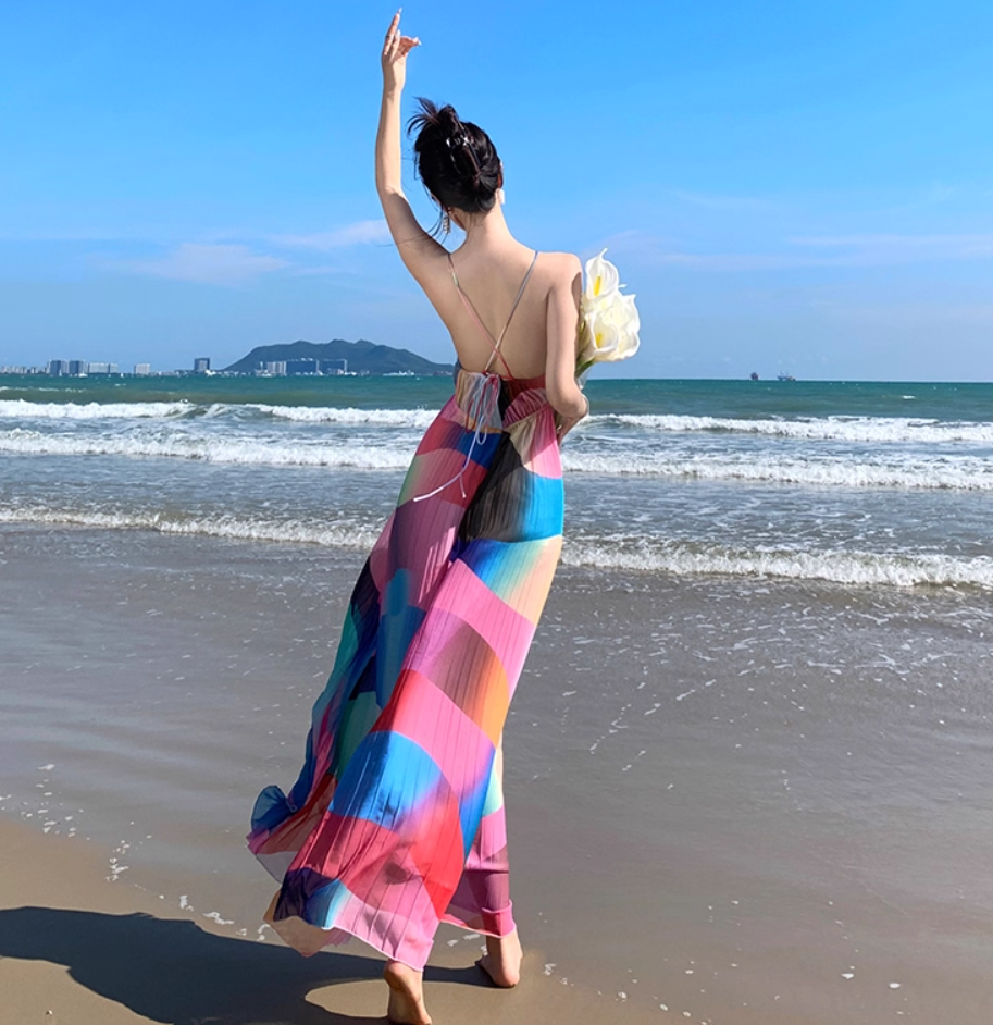 Colorful Wave Print V-Neck Flowy Maxi Dress Open-Back Spaghetti Strap Long Dress AP1113