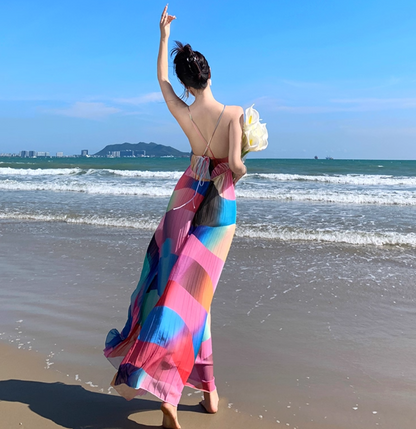 Colorful Wave Print V-Neck Flowy Maxi Dress Open-Back Spaghetti Strap Long Dress AP1113