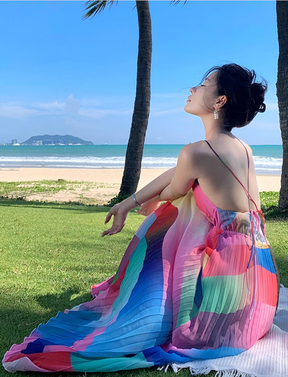 Colorful Wave Print V-Neck Flowy Maxi Dress Open-Back Spaghetti Strap Long Dress AP1113