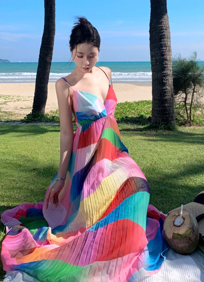 Colorful Wave Print V-Neck Flowy Maxi Dress Open-Back Spaghetti Strap Long Dress AP1113