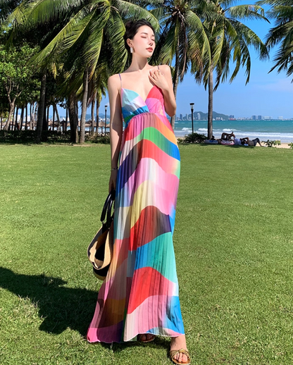 Colorful Wave Print V-Neck Flowy Maxi Dress Open-Back Spaghetti Strap Long Dress AP1113