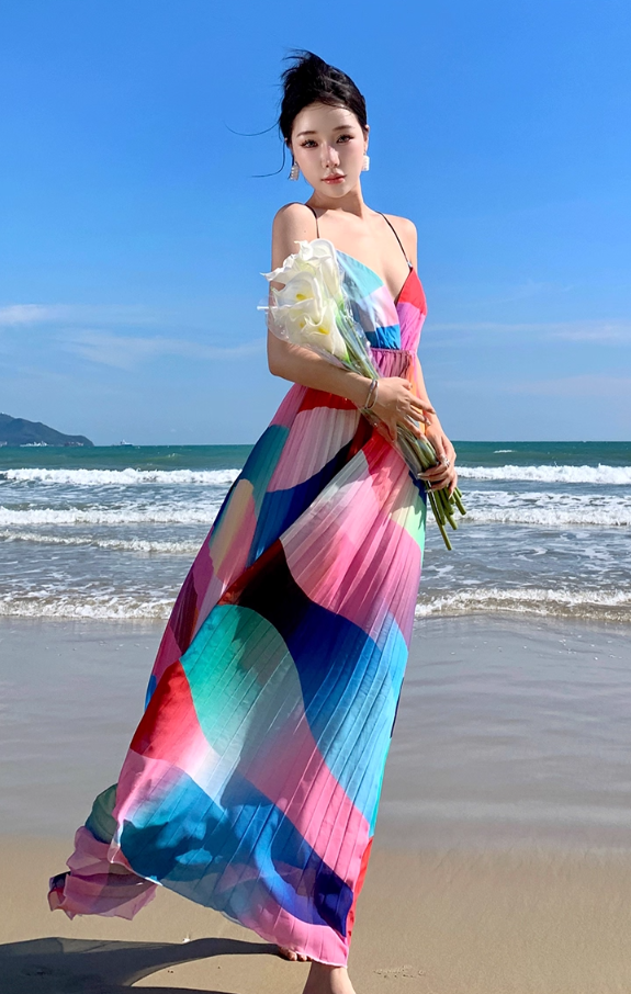 Colorful Wave Print V-Neck Flowy Maxi Dress Open-Back Spaghetti Strap Long Dress AP1113