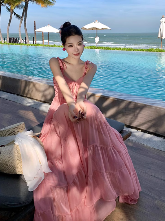Vacation Outfit Peach Pink Tiered Flowy Strap Maxi Dress Ruffles Loose Style Long Dress AP1114