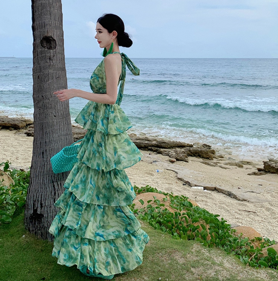 French-Inspired Watercolor Print V-Neck Maxi Dress Beach Vacation Flowy Tiered Halter Dress AP1115