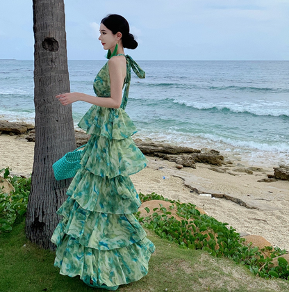 French-Inspired Watercolor Print V-Neck Maxi Dress Beach Vacation Flowy Tiered Halter Dress AP1115