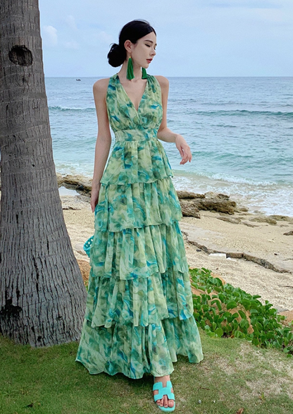 French-Inspired Watercolor Print V-Neck Maxi Dress Beach Vacation Flowy Tiered Halter Dress AP1115