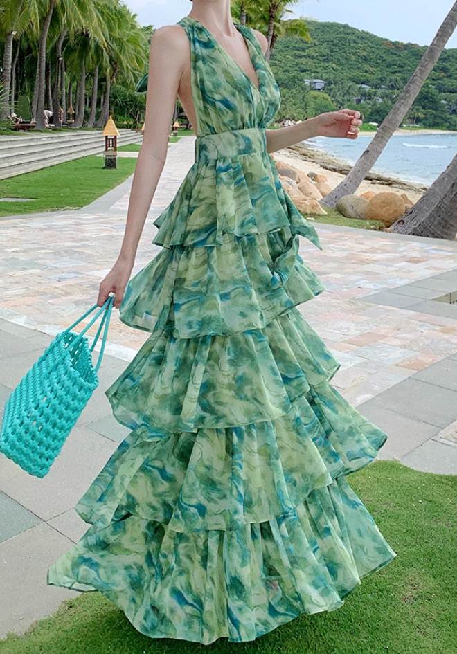 French-Inspired Watercolor Print V-Neck Maxi Dress Beach Vacation Flowy Tiered Halter Dress AP1115
